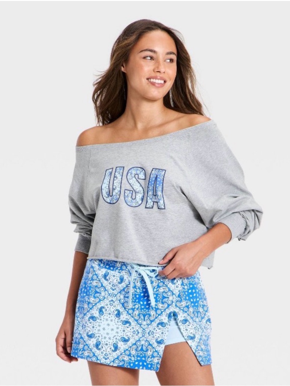 NWT Women's Washed Jersey Off The Shoulder Cropped Long Sleeve Top Grey USA XXL